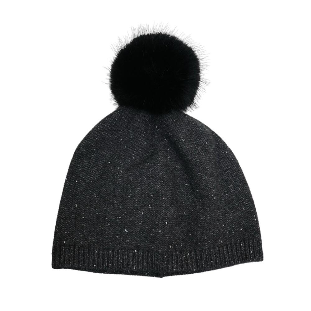 Sofia Cashmere Sequin Cashmere Beanie with Faux Fur Pompom NEW